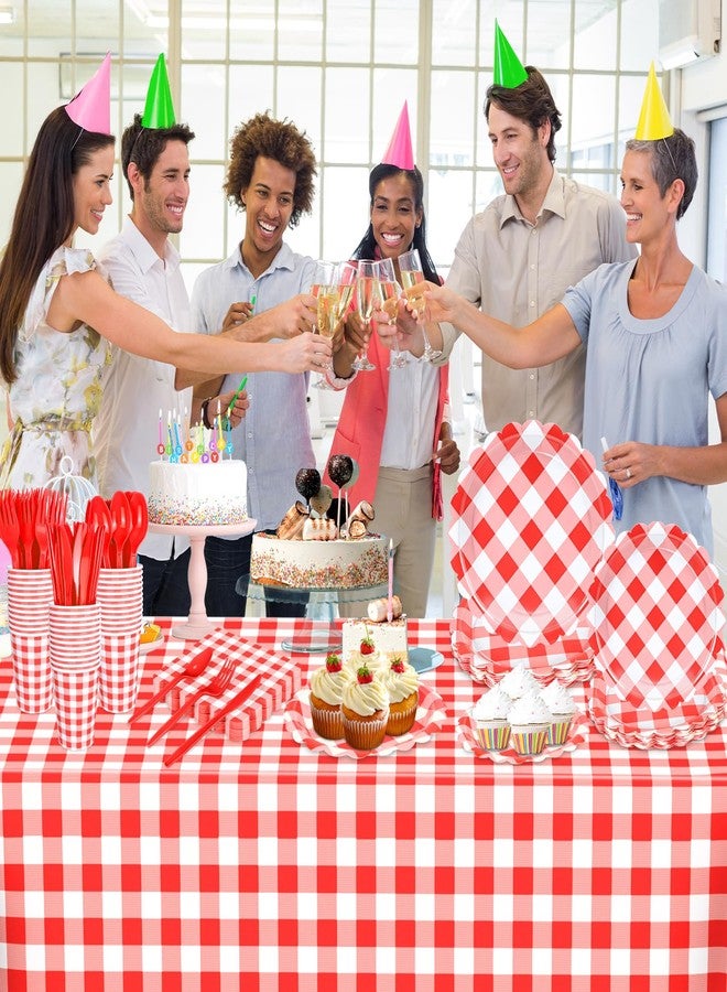 WNINK 176 PCS Red Gingham Plates and Napkins, Red Checkered Disposable Plates Set with Napkins Cups Plastic Spoons Forks Knives for Dinner Birthday Baby Shower Wedding Supplies Serve 25 Guests - Image 3