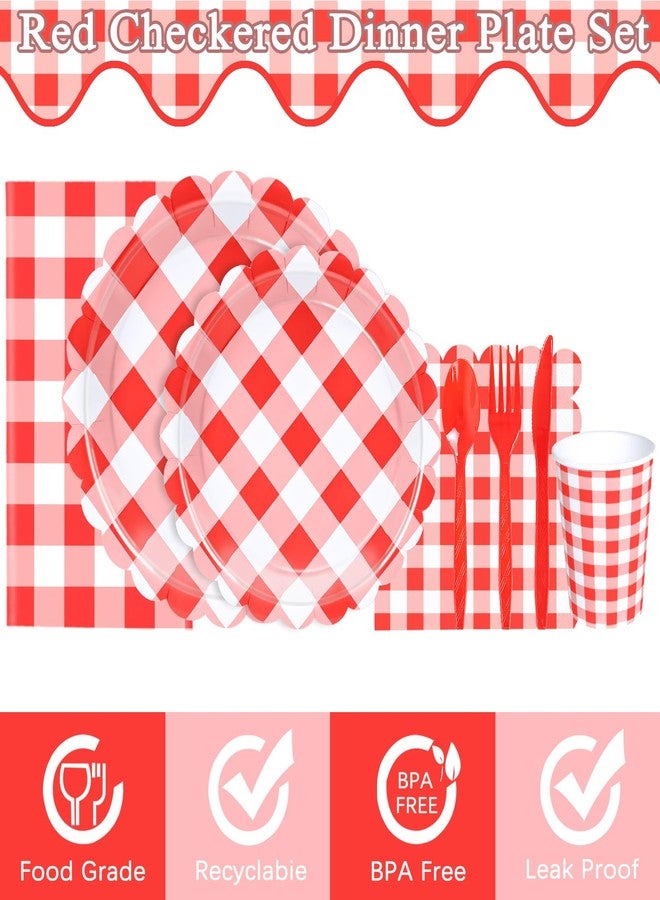 WNINK 176 PCS Red Gingham Plates and Napkins, Red Checkered Disposable Plates Set with Napkins Cups Plastic Spoons Forks Knives for Dinner Birthday Baby Shower Wedding Supplies Serve 25 Guests - Image 2