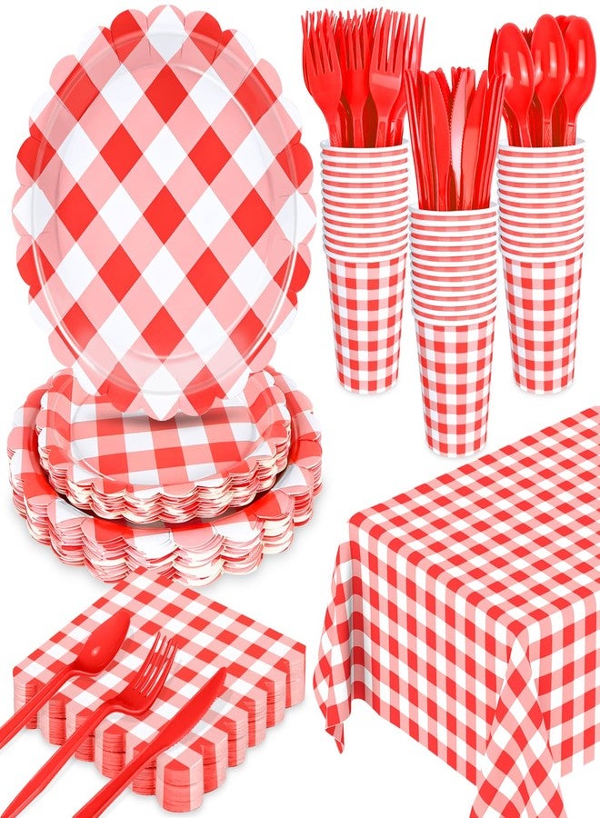 WNINK 176 PCS Red Gingham Plates and Napkins, Red Checkered Disposable Plates Set with Napkins Cups Plastic Spoons Forks Knives for Dinner Birthday Baby Shower Wedding Supplies Serve 25 Guests - Image 1