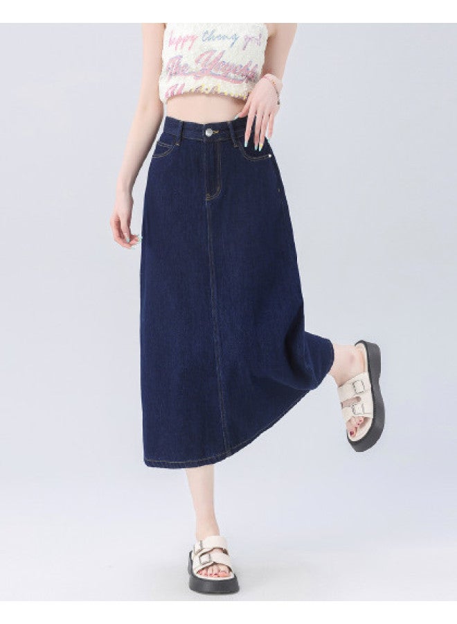 EPTISON Vintage High-waisted Denim Skirt For Women - Summer Minimalist Versatile Slimming Midi A-line Slit Denim Skirt - Image 1