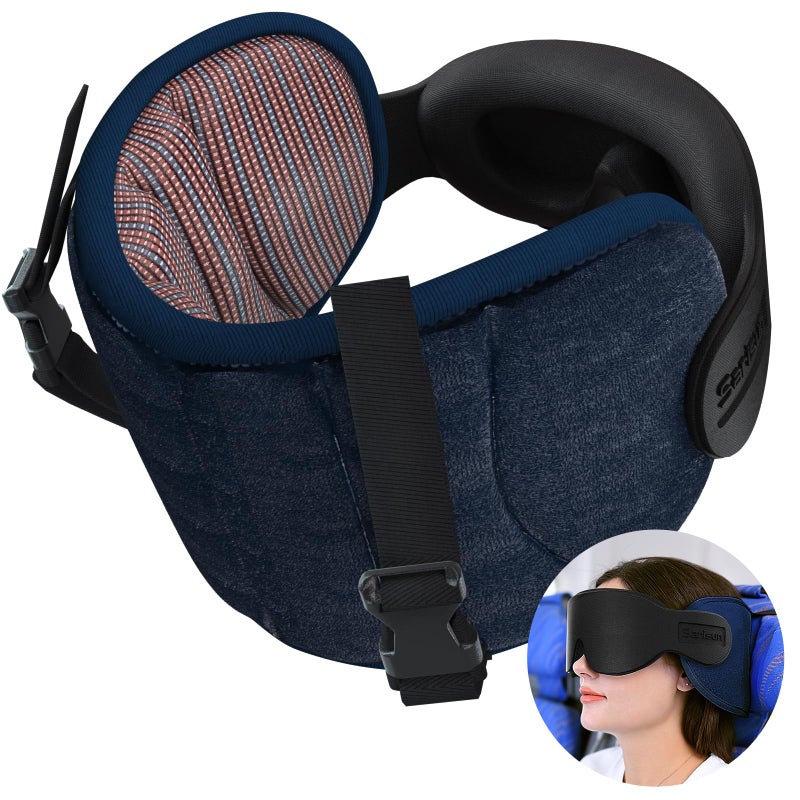 SARISUN Travel Pillows for Airplanes, Airplane Pillow for Long Flight Car Road Trip, Airplane Head Strap with Sleep Eye Mask, 360Â° Support Headrest, Stop Bobblehead Travel Neck Pillow, Mottled Red - Image 1