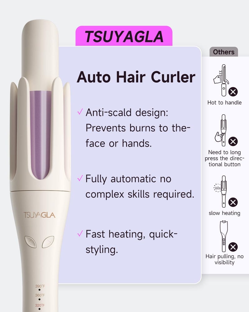 TSUYAGLA Automatic Hair Curler, 1 1/4 Inch Rotating Curling Iron with 3 Temp, 500 Million Ionic, 2-Way Rotation,10S Fast Heating, Anti-Scald, Anti-Tangle Rotating Curling Wand for Long Hair - Image 3