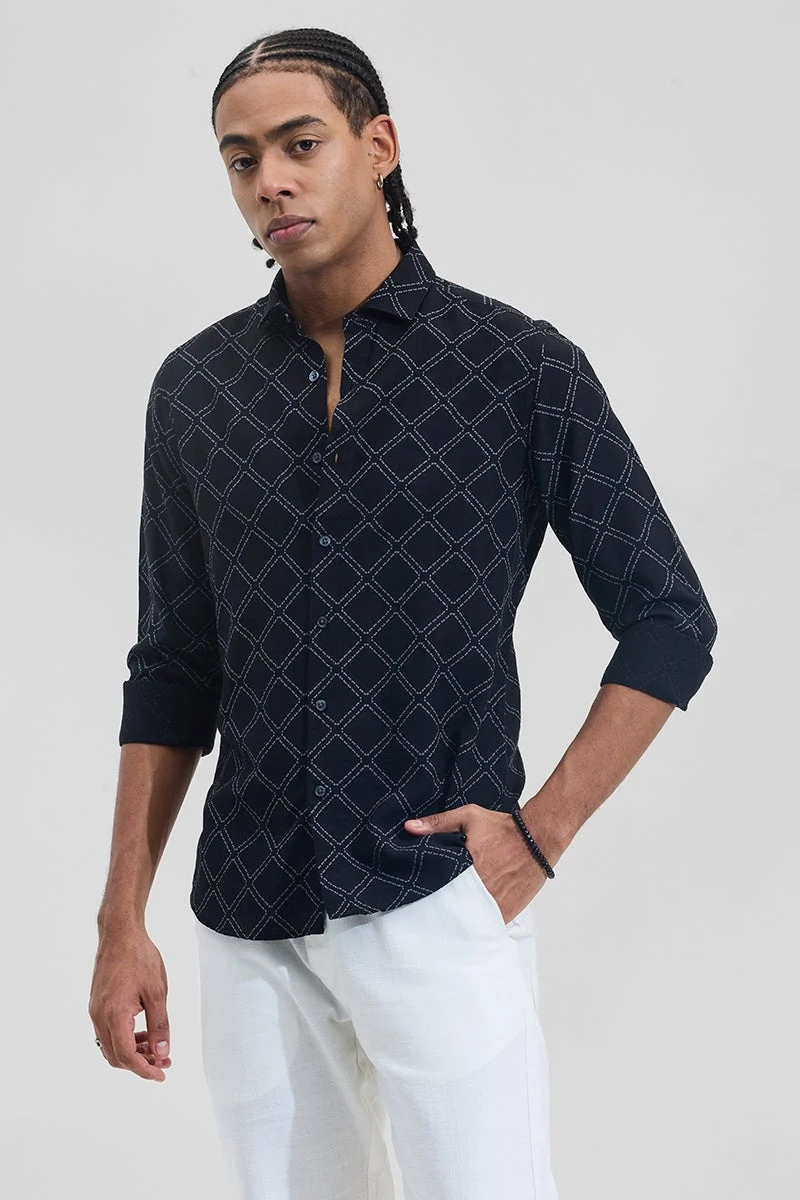 SNITCH Black Geometric Long Sleeve Slim Fit Shirt
