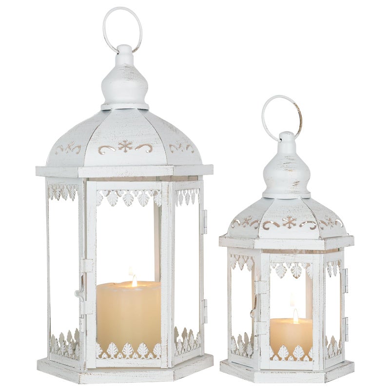 NEEDOMO Lanterns Decorative Outdoor&Indoor, Set of 2 (15"&11") White Metal Lantern Decor with Glass, Candle Holder for Porch, Patio, Garden, Balcony, Wedding, Table Centerpiece - Image 1