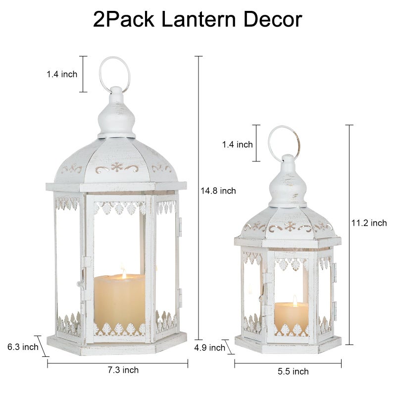 NEEDOMO Lanterns Decorative Outdoor&Indoor, Set of 2 (15"&11") White Metal Lantern Decor with Glass, Candle Holder for Porch, Patio, Garden, Balcony, Wedding, Table Centerpiece - Image 2