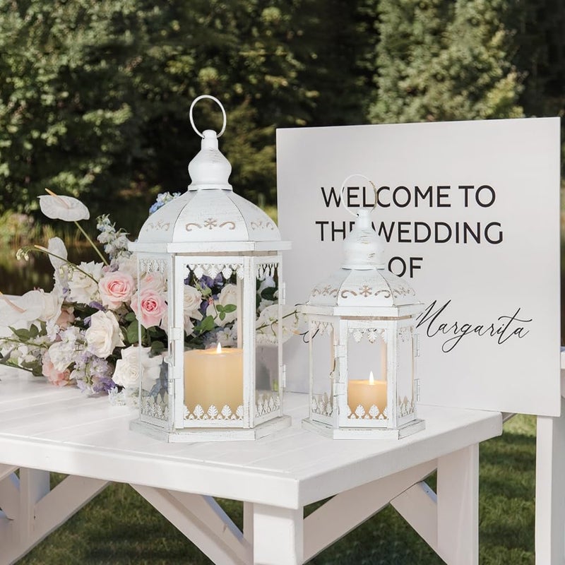NEEDOMO Lanterns Decorative Outdoor&Indoor, Set of 2 (15"&11") White Metal Lantern Decor with Glass, Candle Holder for Porch, Patio, Garden, Balcony, Wedding, Table Centerpiece - Image 3