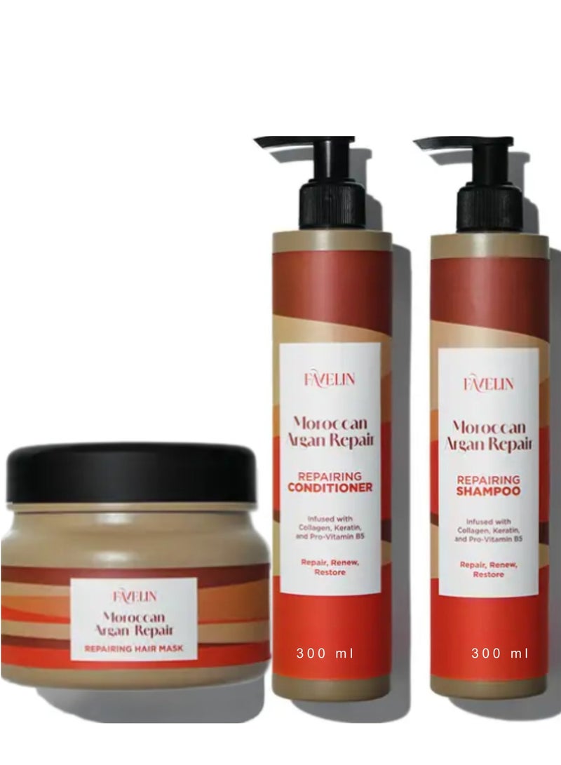 favelin Argan Repair Set 300 ml Shampoo 300 ml & Conditioner 300 ml & Hair Mask 300 ml - Image 1