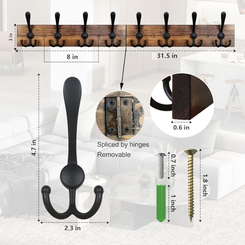 Homagic حامل معاطف هوماغيك مثبت على الحائط 31.5'' شماعات معاطف مثبتة على الحائط خطافات معاطف بنية محترقة للحائط رفوف مناشف ريفية للحمام وغرفة المعيشة والقبعات والملابس - Image 2