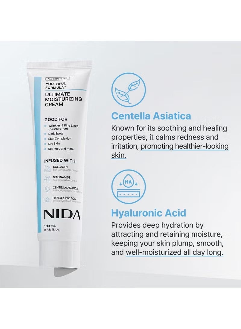 NIDA Youthful Formula™ Ultimate  Moisturizing Cream | Centella Asiatica, Niacinamide, Hyaluronic Acid, Collagen | Wrinkles, Fine Lines, Dark Spots, Dry Skin, Redness | 3.38 fl. oz., 100ml - Image 3