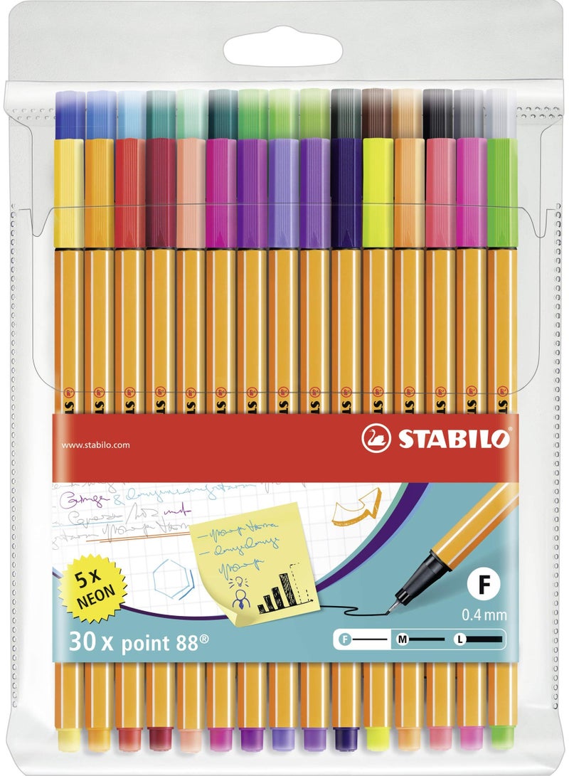 STABILO Fineliner Pen -Point 88 Wallet of 30 Assorted Colours Incl 5 Neon Colours , Anti-Dry Out  - Image 1