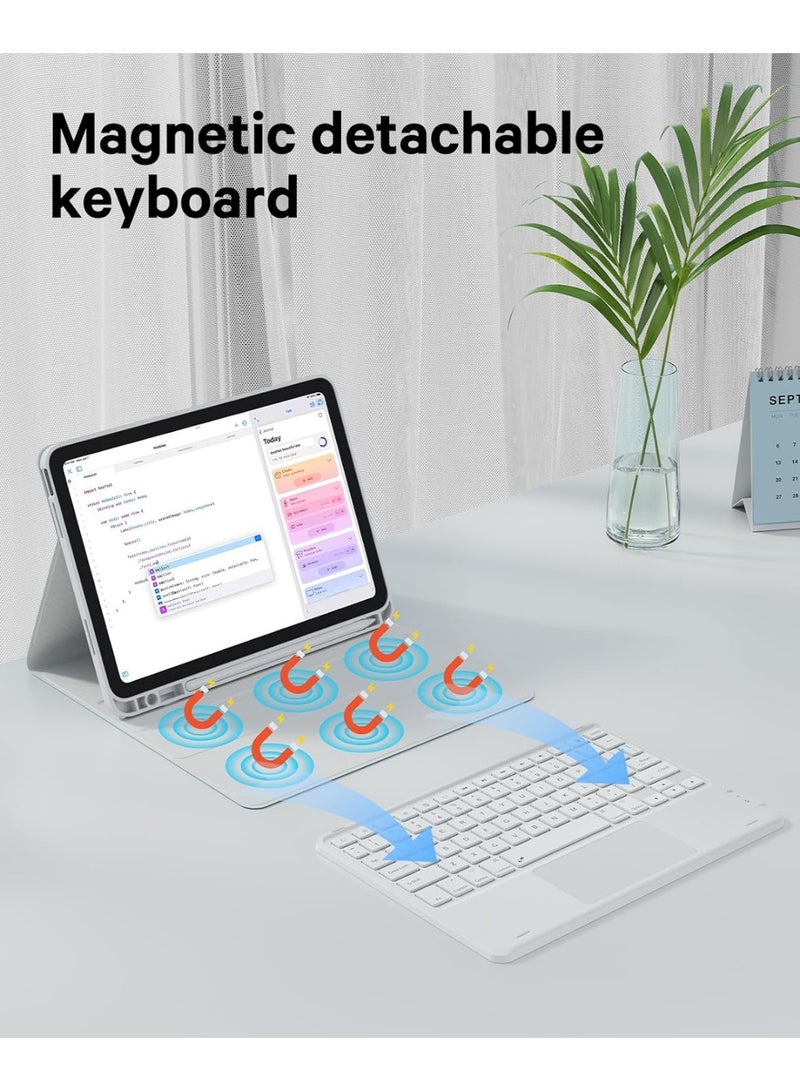 جراب لوحة مفاتيح عربي/إنجليزي للايباد (A16) الجيل 11/10 (2025/2022)، إضاءة خلفية بـ 7 ألوان، لوحة تتبع متعددة اللمس، غطاء حامل مع مكان للقلم، قناتان بلوتوث، أبيض - Image 4