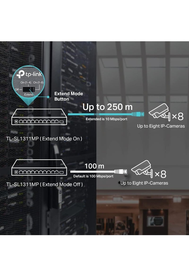 TP-Link TL-SL1311MP محول إيثرنت سريع 8 منافذ 10/100Mbps PoE مع 8 منافذ PoE+ 124W، مع 2 منفذ جيجابت صاعد + 1 منفذ SFP وضع استعادة PoE و وضع العزل - Image 5