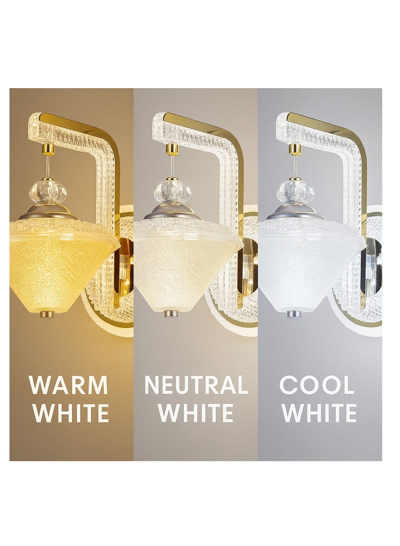 Modern Crystal Wall Light  | 3-Color Adjustable (Warm, Neutral, Cool White) | Elegant Golden Finish | 22cm x 22cm | Home, Bedroom, Living Room, Hallway