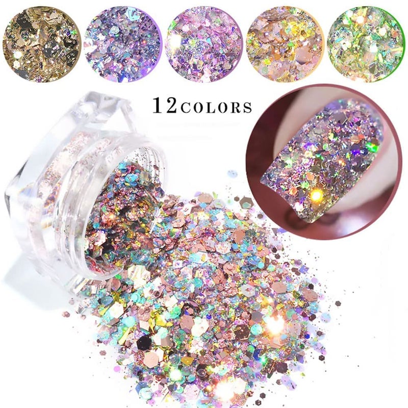 Elecsera 12 MultiColor Chunky Eyeshadow Glitter Nail Art Glitter Multicolor - Image 5