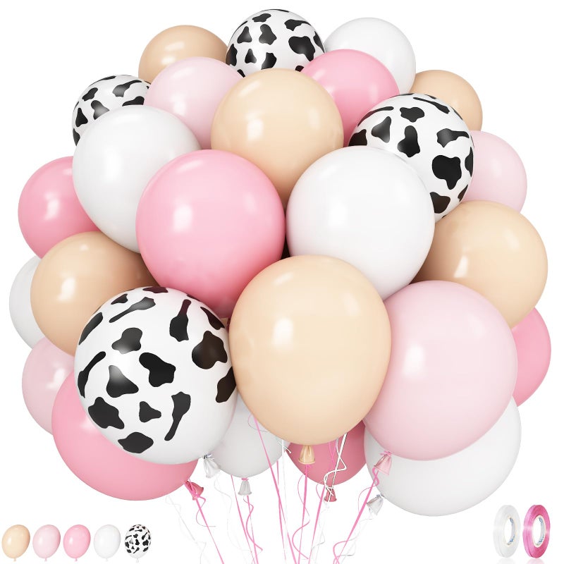 Govpy Cow Print Balloons, 60PCS Pastel Pink Cow Print Latex Balloons, Pink Cream Beige White Balloons for Girls Birthday Baby Shower Cowgirl Rodeo Farm Animals Gender Reveal Party Decorations Supplies - Image 1