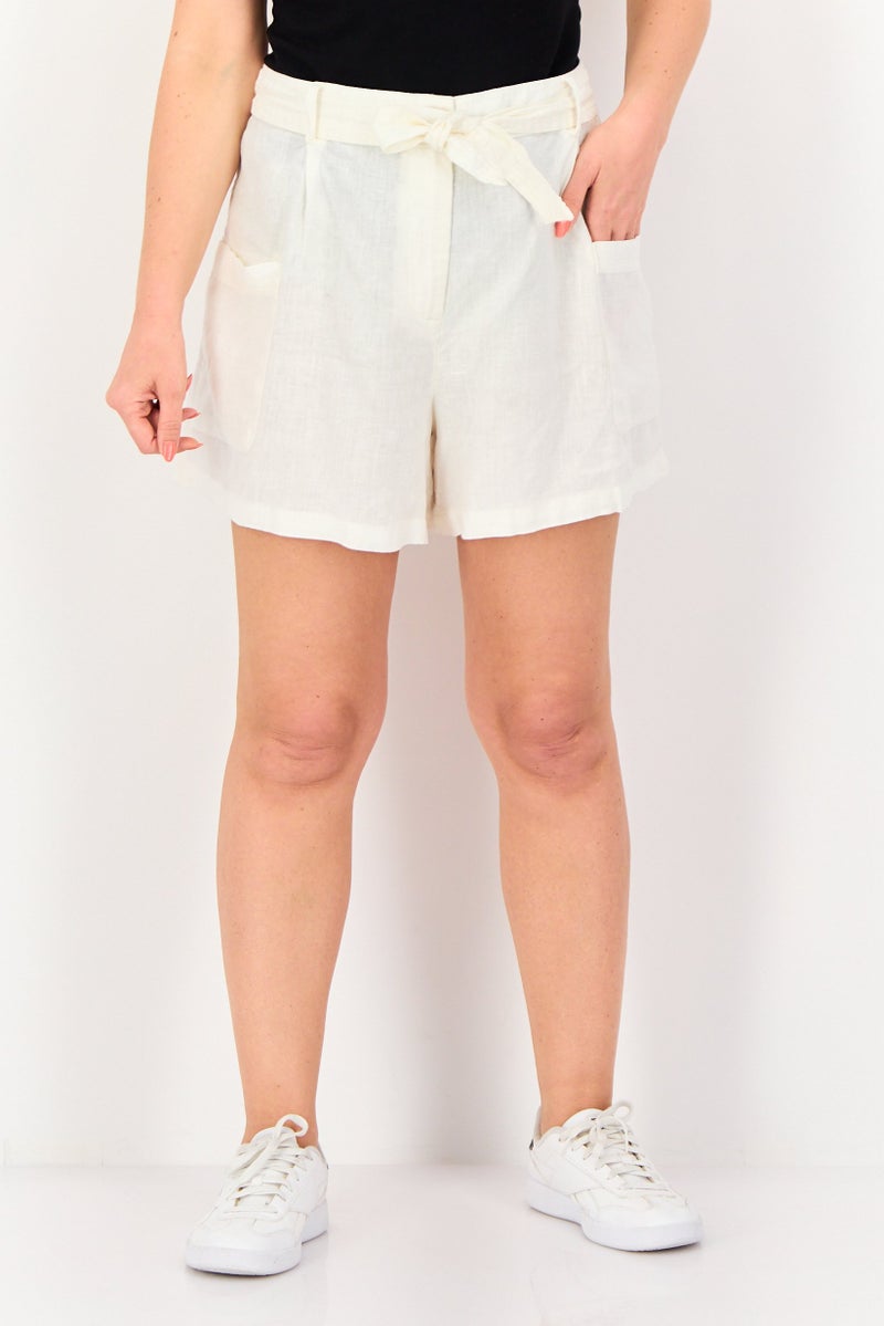 promod Women Plain Belted Basic Shorts, White - Image 1