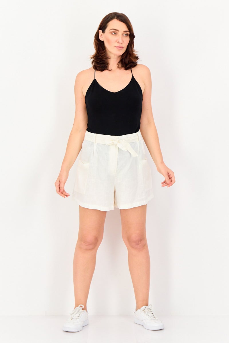 promod Women Plain Belted Basic Shorts, White - Image 3