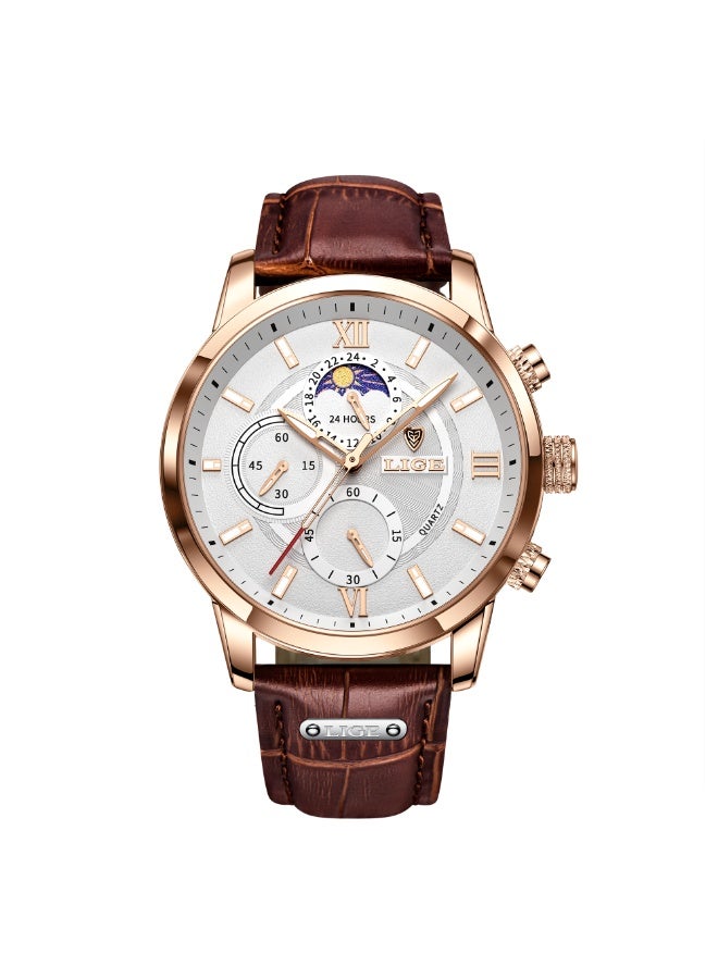 لييج ساعات يد رجالية مقاومة للماء، ساعة كوارتز تناظرية مناسبة للأعمال مع حزام جلدي فاخر باللون الذهبي الوردي والأبيض.