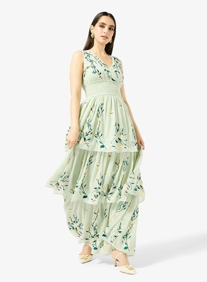 Frock And Frill  Embroidered Ruffle Detailed Cold Shoulder Maxi Dress for Women | Best Price UAE