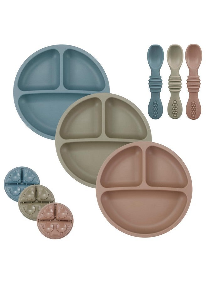 PandaEar Baby Feeding Set, 3 Pack Toddler Plates with 3 Spoons, 100% Silicone Divided Suction Plate for Babies, BPA-Free, Dishwasher and Microwave Safe -Blue/Red/Brown - Image 1