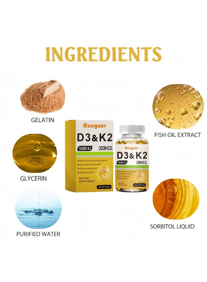 K2 Googeer Vitamin D3 & K2 Softgels (5000 IU D3 + 200 MCG K2) – Supports Immune Function, Cardiovascular Health, Calcium Absorption & Bone Formation, 120 Capsules | Premium Dietary Supplement for Whole Family Wellness - Image 4