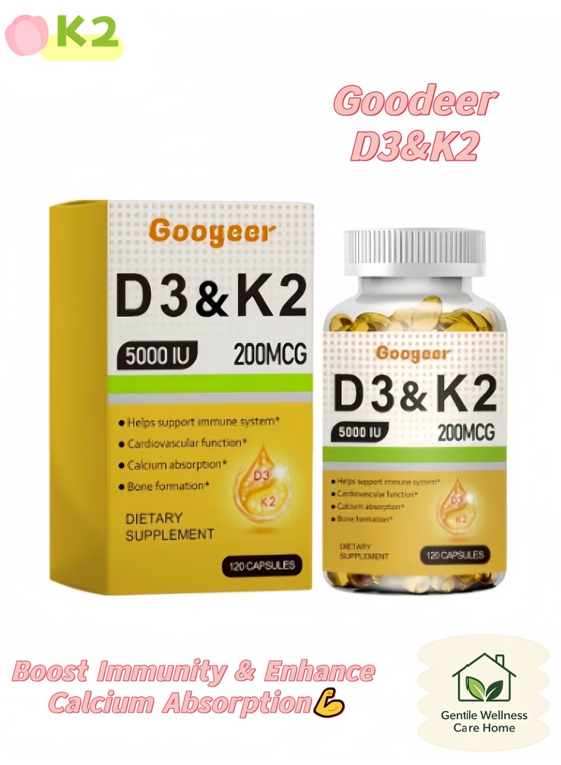 K2 Googeer Vitamin D3 & K2 Softgels (5000 IU D3 + 200 MCG K2) – Supports Immune Function, Cardiovascular Health, Calcium Absorption & Bone Formation, 120 Capsules | Premium Dietary Supplement for Whole Family Wellness - Image 1