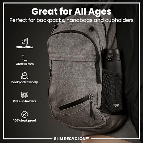 Ion8 Water Bottle, 500 ml/18 oz, Leak Proof, Easy to Open, Secure Lock, Dishwasher Safe, BPA Free, Hygienic Flip Cover, Carry Handle, Fits Cup Holders, Easy Clean, Odor Free, Carbon Neutral, Black - Image 2