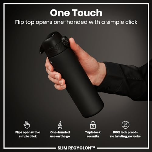 Ion8 Water Bottle, 500 ml/18 oz, Leak Proof, Easy to Open, Secure Lock, Dishwasher Safe, BPA Free, Hygienic Flip Cover, Carry Handle, Fits Cup Holders, Easy Clean, Odor Free, Carbon Neutral, Black - Image 3