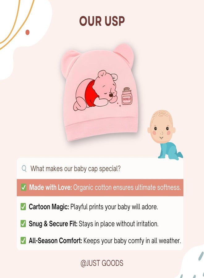 JUST GOODS Adorable Cartoon Design Baby Cotton Caps | Soft Comfortable Hats for Newborn Boys & Girls Infant Headwear (Age, 0 Months, 6 Months, 3 Pieces) - Image 4