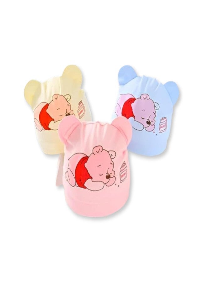 JUST GOODS Adorable Cartoon Design Baby Cotton Caps | Soft Comfortable Hats for Newborn Boys & Girls Infant Headwear (Age, 0 Months, 6 Months, 3 Pieces) - Image 1