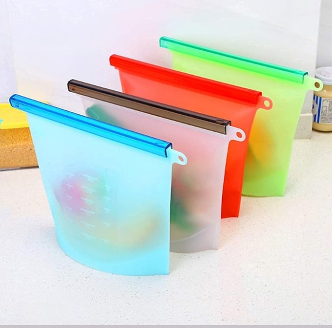SILICONE BAG FOR FOOD STORAGE VEGETABLE FRIDGE ZIPLOCK POUCH PACKING COVER PLASTIC ZIPPER FREEZE ORGANIZER VEGETABLES BAG TRANSPARENT REFRIGERATOR FRUITS POUCHES FRIDGE STORAGE BAGS(PACK OF 4)