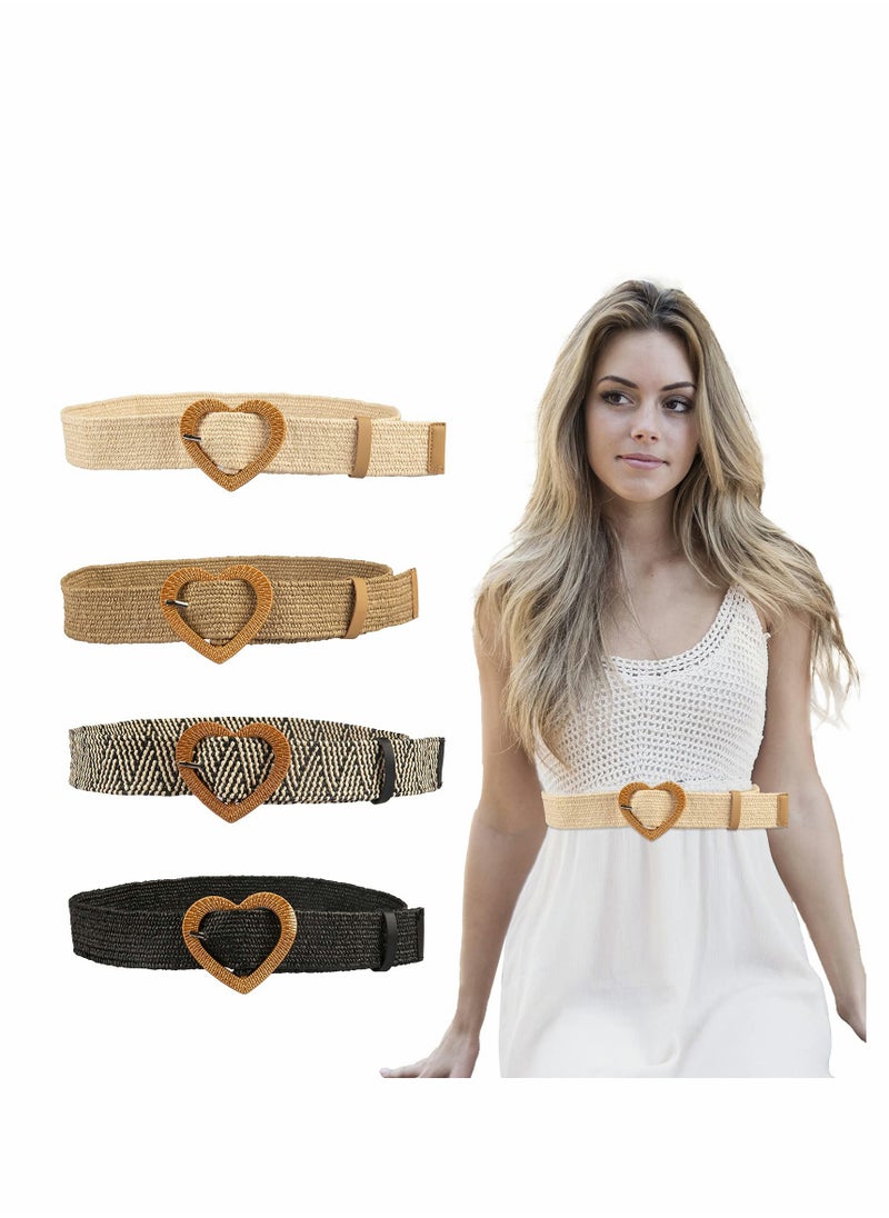 KASTWAVE - 4 Pcs Straw Woven Elastic Stretch Waist Belt Skinny Dress Belt For Women Bohemian Ladies Dress Belts - Image 1