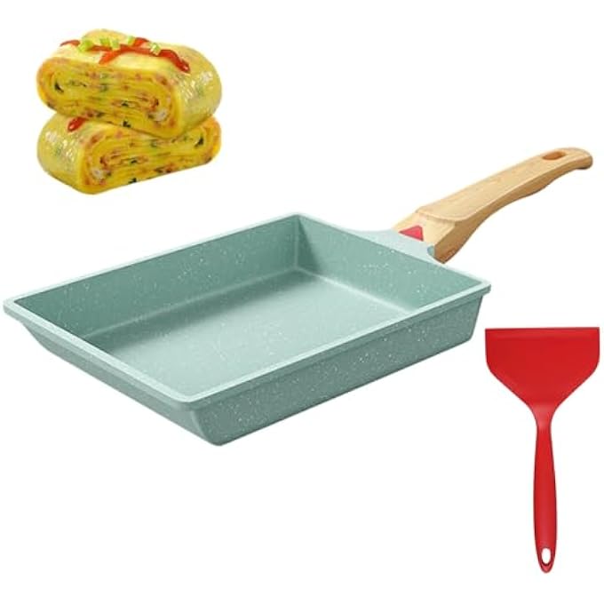 VAOdo Japanese Omelette Pan With Silicone Spatula Tamagoyaki NonStick Frying Pan Egg Roll Frying Pan With Wooden Handle For Kitchen Baking Cooking Tools Induction Cooker Gas Stove Green - Image 1