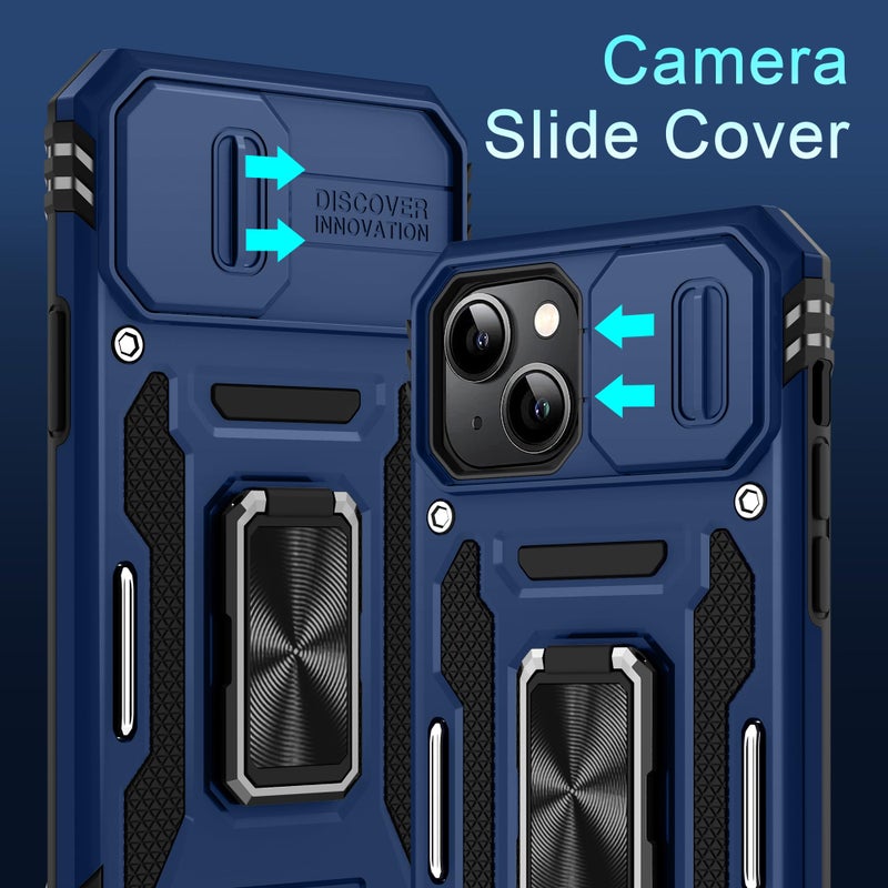 DEERLAMN Case for iPhone 15 with Slide Camera Cover + Screen Protector (2 Packs), Rotated Ring Kickstand Military Grade Shockproof Protective Cover-Navy Blue - Image 2