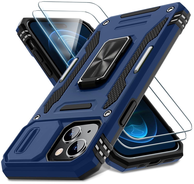 DEERLAMN Case for iPhone 15 with Slide Camera Cover + Screen Protector (2 Packs), Rotated Ring Kickstand Military Grade Shockproof Protective Cover-Navy Blue - Image 1