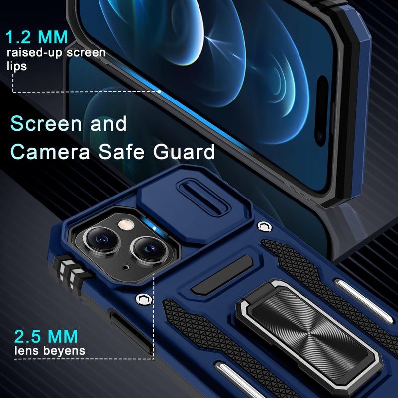 DEERLAMN Case for iPhone 15 with Slide Camera Cover + Screen Protector (2 Packs), Rotated Ring Kickstand Military Grade Shockproof Protective Cover-Navy Blue - Image 5