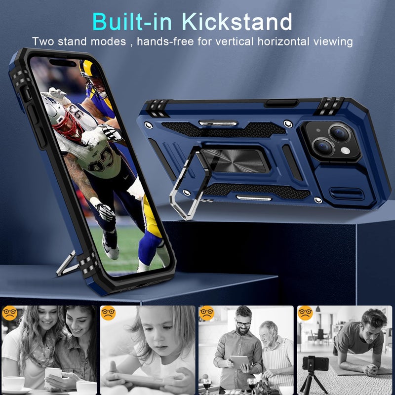 DEERLAMN Case for iPhone 15 with Slide Camera Cover + Screen Protector (2 Packs), Rotated Ring Kickstand Military Grade Shockproof Protective Cover-Navy Blue - Image 4