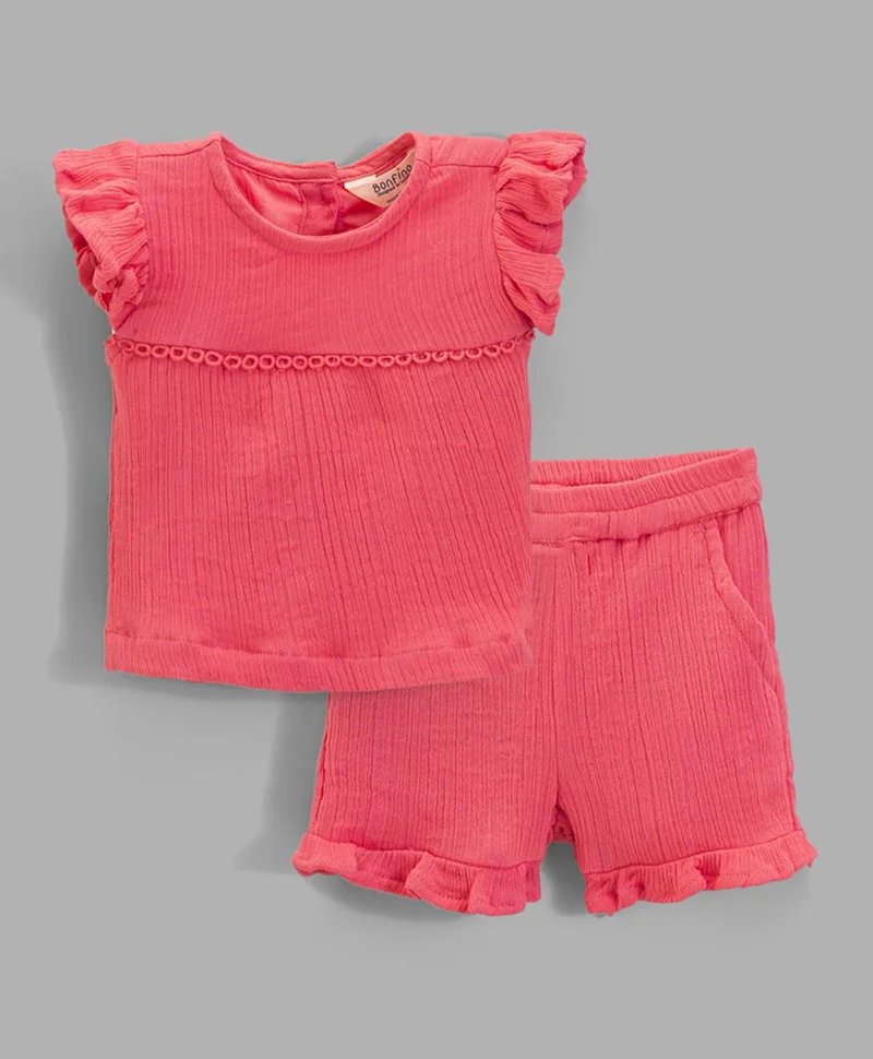 Bonfino Bonfino Woven 100% Cotton Double Cloth Top and Short Set - Coral
