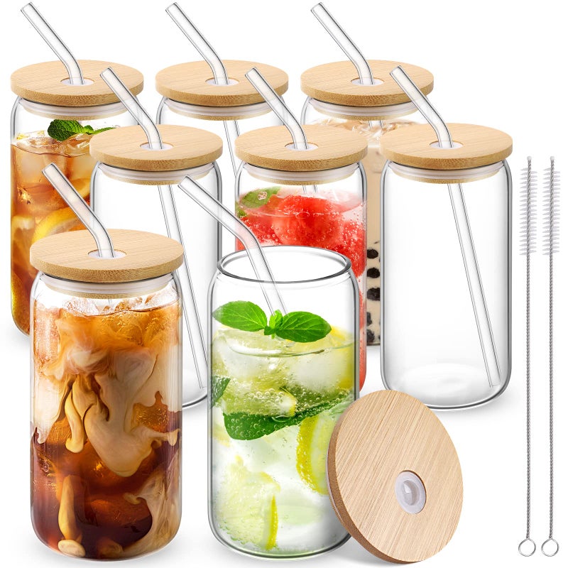 CWHHRN CWHHRN Glass Cups with Lid and Straw 16oz Beer Glasses Glass Coffee Cups Iced Coffee Cups with Lid Glass Tumbler with Straw and Lid 8 PACK 