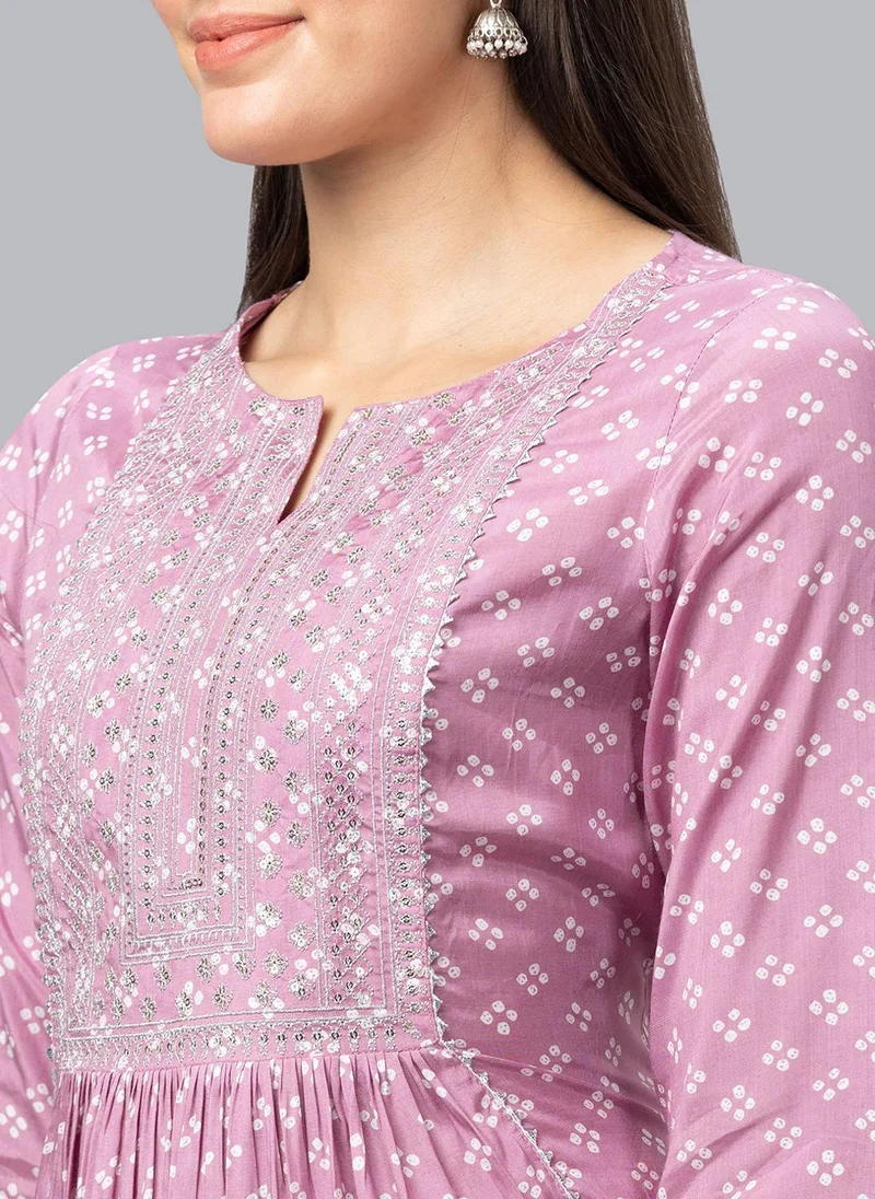 Globus Mauve Globus Women Embroidered Sequined Yoke Bandhani Printed Pleated A-Line Festive Kurta for Women | Best Price UAE