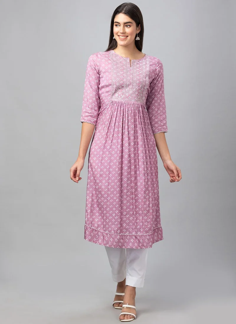 Globus Mauve Globus Women Embroidered Sequined Yoke Bandhani Printed Pleated A-Line Festive Kurta for Women | Best Price UAE