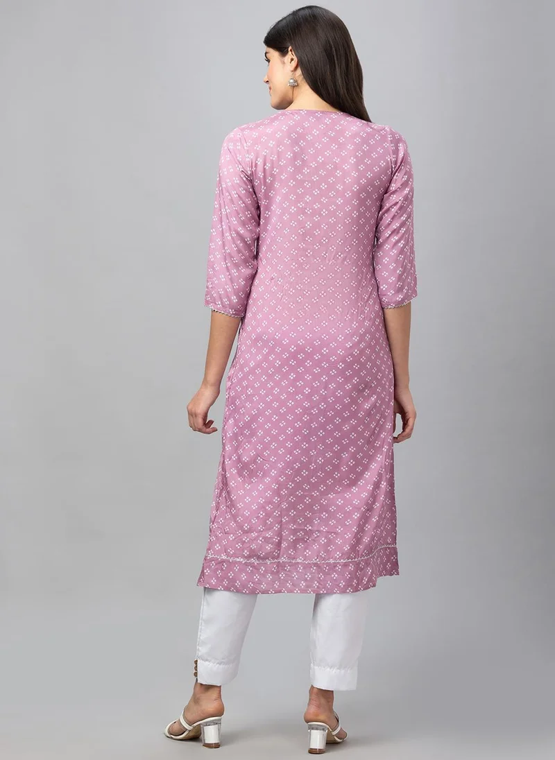Globus Mauve Globus Women Embroidered Sequined Yoke Bandhani Printed Pleated A-Line Festive Kurta for Women | Best Price UAE