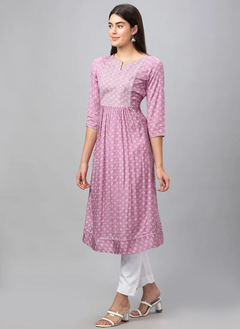 Globus Mauve Globus Women Embroidered Sequined Yoke Bandhani Printed Pleated A-Line Festive Kurta for Women | Best Price UAE