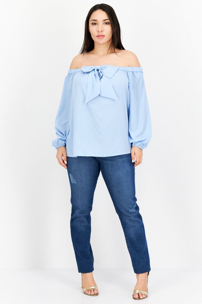 Riley & Rae Women Off Shoulder Long Sleeves Plain Blouse, Icy Blue - Image 2