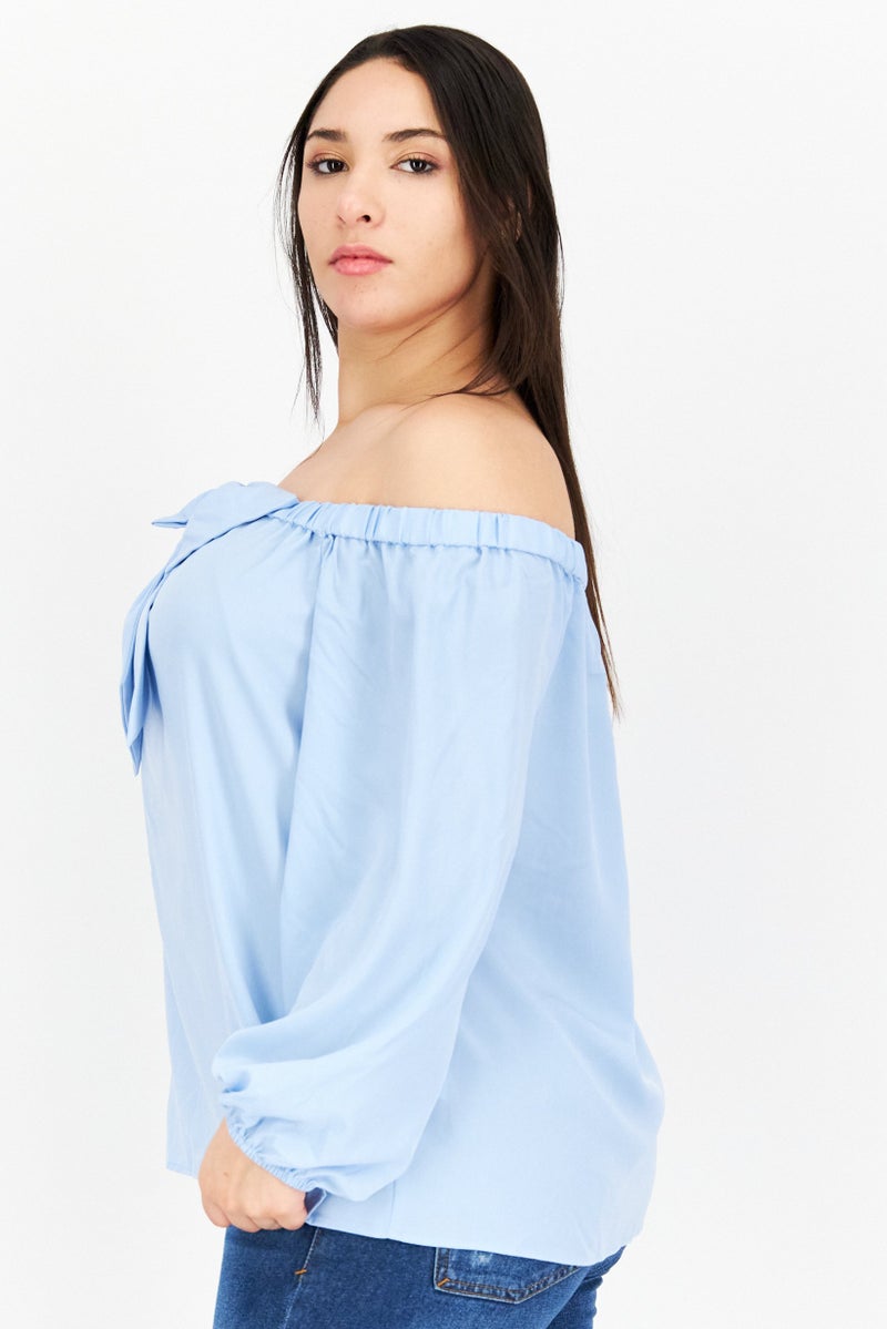 Riley & Rae Women Off Shoulder Long Sleeves Plain Blouse, Icy Blue - Image 4