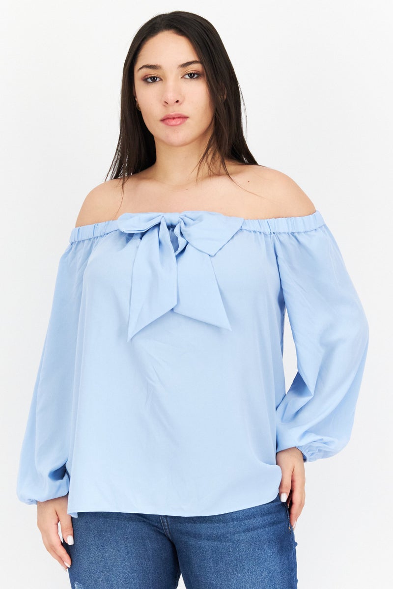 Riley & Rae Women Off Shoulder Long Sleeves Plain Blouse, Icy Blue - Image 1
