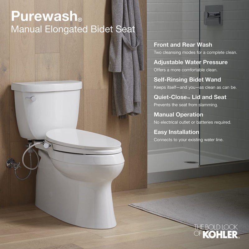 Kohler PureWash M300 Manual Elongated Bidet Toilet Seat, Chrome Handle, Quiet-Close Lid Prevents Slamming, Toilet Bidet, Easy Installation with Quick-Release Hinges, Self-Cleaning Wand - Image 3