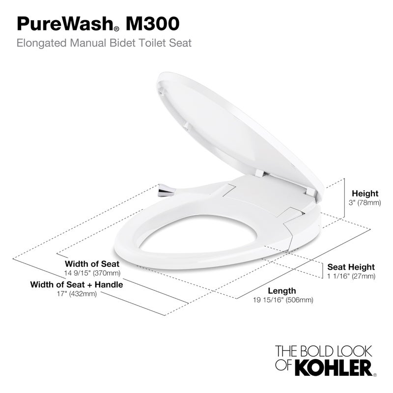 Kohler PureWash M300 Manual Elongated Bidet Toilet Seat, Chrome Handle, Quiet-Close Lid Prevents Slamming, Toilet Bidet, Easy Installation with Quick-Release Hinges, Self-Cleaning Wand - Image 4