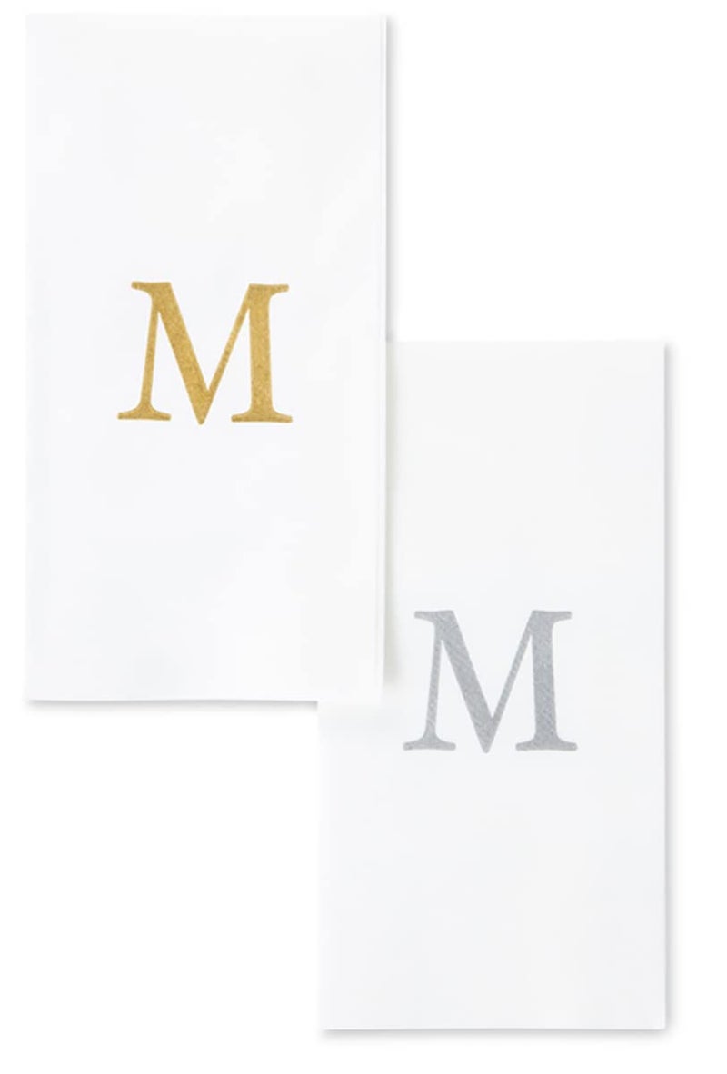 AH AMERICAN HOMESTEA AMERICAN HOMESTEAD Disposable Hand Towels - Gold Monogrammed Guest Napkins - Linen-Like Bathroom Paper Towels for Guests - Perfect Wedding and Party Napkins - 25 Count (Gold M)  - Image 1