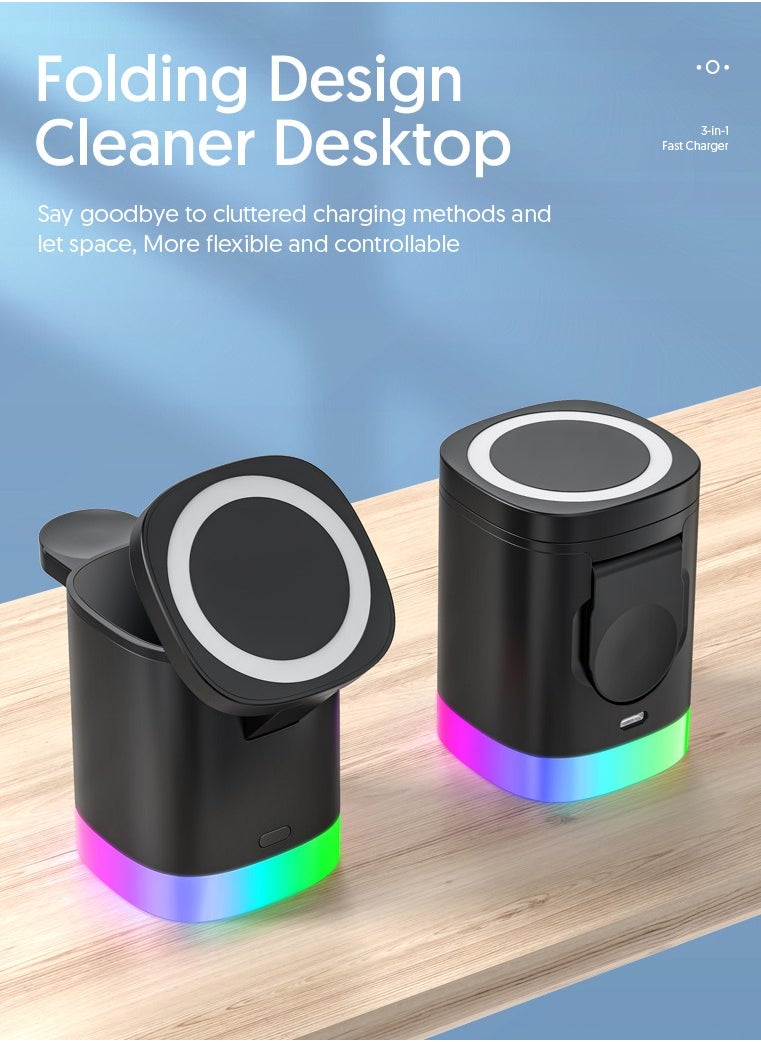 Generic - 3-in-1 Magnetic Charging Dock With Foldable Stand And Night Illumination Non-Waterproof ABS Wireless Charger For iPhone 15/14/13/12 Pro/Max/Plus And Apple Watch Series 2-9 15W Fast Charging Power Co - Image 1